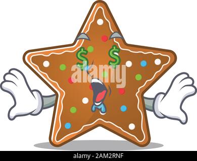 Felice ricco gingerbread star con Money Eye cartone animato stile personaggio Illustrazione Vettoriale