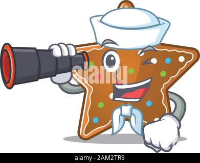 Gingerbread star cartone animato felice Sailor stile con binoculare Illustrazione Vettoriale