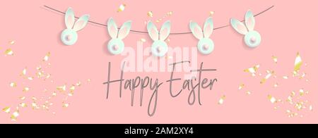 Sfondo di pasqua. Festosa composizione disegno vista dall'alto. coniglietti. Golden coriandoli, decorazione ghirlanda con conigli .. Felice Pasqua. Banner orizzontale, Illustrazione Vettoriale