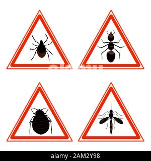 Raccolta di rosso di avvertimento triangolare di segni e di simboli con le icone di parassiti, tick, ant, pulci e zanzariera. Vettore di stock isolati su sfondo bianco. Illustrazione Vettoriale