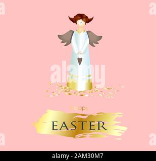 Banner di pasqua. square poster, cartoline, sfondo con testo felice Pasqua. Angelo su uno sfondo rosa. elegante. Oro tratto di pennello. Design con realista Illustrazione Vettoriale