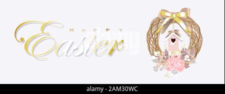 Banner di pasqua. poster orizzontale, cartolina, sfondo con testo felice Pasqua. Ghirlanda di primavera su sfondo grigio. elegante. Oro nastri e coriandoli. Illustrazione Vettoriale