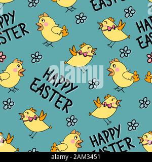 Seamless pattern con il giallo del pulcino, fiori.Lettering felice Pasqua. Bambino pastello stampa su tessuto, tessuto, carta da parati. Vettore illustrazione del fumetto. G Illustrazione Vettoriale