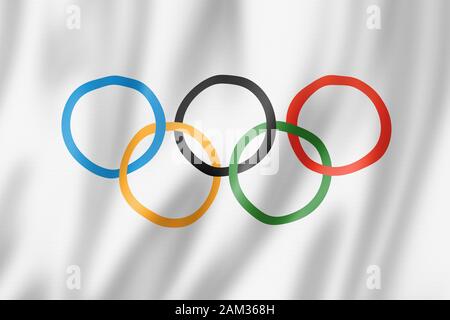 Novembre 21, 2019 : bandiera olimpica sventolare nel vento. 3D illustrazione Foto Stock
