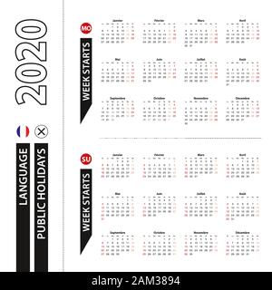 Due versioni del calendario 2020 in francese, settimana inizia dal Lunedì e inizio settimana da domenica. Template vettoriale. Illustrazione Vettoriale