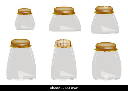 Set di vasetti di vetro per Inscatolamento e conservazione, isolato su sfondo bianco. Raccolta di vuoto vasi differenti con coperchi in stile realista. Vettore Illustrazione Vettoriale