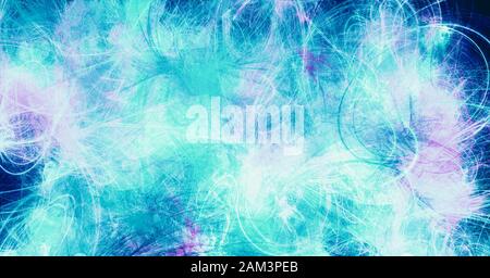Sfondo del disegno digitale. Macchie di vernice casuali nelle tonalità del ciano e del blu. Modello futuristico. Illustrazione astratta Foto Stock