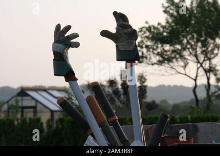 Carriola con guanti da giardinaggio su attrezzi in serata sole atmosferica primo piano Foto Stock