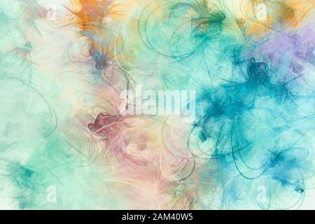 Pittura artistica sfondo. Pennellate di vernice casuali in colori pastello. Motivo multicolore. Illustrazione contemporanea di 2d Foto Stock