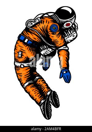 Soaring astronauta nello spazio. Astronauta nel sistema solare. Incisi disegnati a mano il vecchio schizzo in stile vintage. Illustrazione Vettoriale
