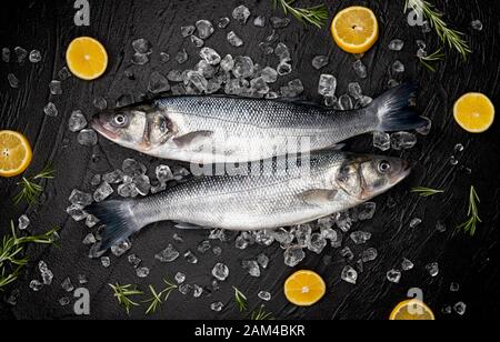 Pesce fresco di mare su ghiaccio su fondo di pietra nera con spezie di limone e rosmarino, vista dall'alto con spazio copia Foto Stock