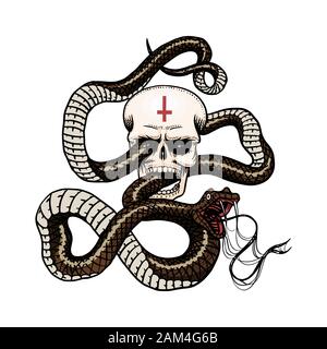 Snake con un cranio in stile vintage. Serpent cobra o python o vipera velenosa. Incisi disegnati a mano il vecchio rettile schizzo per Tattoo. Anaconda per Illustrazione Vettoriale