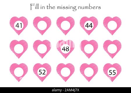 Gioco con il cuore per i bambini, il giorno di San Valentino, riempire i numeri mancanti, livello facile, educazione gioco per bambini, scuola di attività del foglio di lavoro, attività per Illustrazione Vettoriale