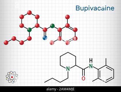 Bupivacaina molecola, è una ammide-tipo, lungo effetto anestetico locale. Formula chimica di struttura e la molecola modello. Foglio di carta in una gabbia.vettore Illustrazione Vettoriale