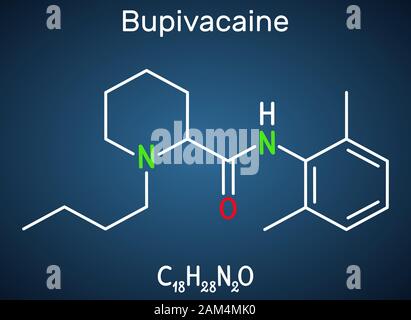 Bupivacaina molecola, è una ammide-tipo, lungo effetto anestetico locale. Formula chimica di struttura su sfondo blu scuro. Illustrazione Vettoriale Illustrazione Vettoriale