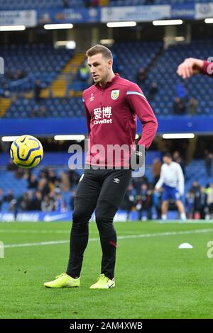 Londra, Regno Unito. Xi gen, 2020. Chris Wood di Burnley il riscaldamento durante il match di Premier League tra Chelsea e Burnley a Stamford Bridge, Londra sabato 11 gennaio 2020. (Credit: Ivan Yordanov | MI News) La fotografia può essere utilizzata solo per il giornale e/o rivista scopi editoriali, è richiesta una licenza per uso commerciale Credito: MI News & Sport /Alamy Live News Foto Stock