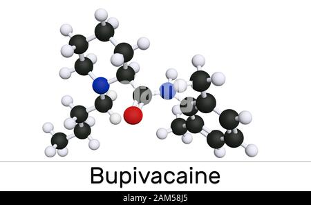 La molecola di bupivacaina è un anestetico locale a lunga durata d'azione di tipo ammidico. Modello molecolare. Rendering 3D Foto Stock