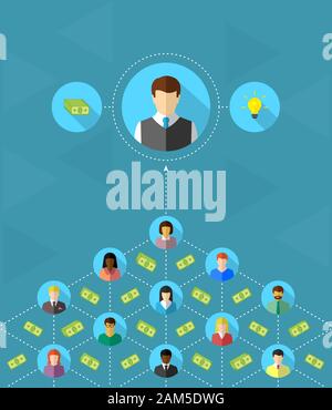 Il finanziamento pubblico di un'idea di una persona. Diverse persone collegate mediante linee tratteggiate il sollevamento dollar banconote per lui. Illustrazione Vettoriale