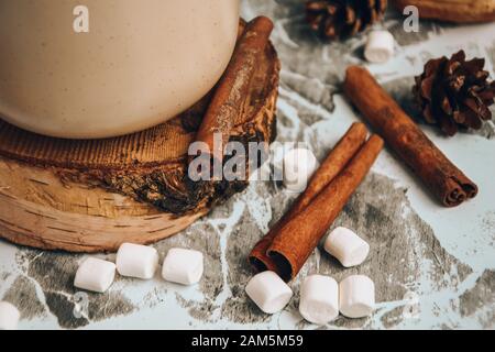 Una tazza di cioccolato caldo e cacao di Natale Capodanno delizioso con marshmallow cosparso di polvere di cacao, coni e croissant, cannella su un grigio Foto Stock