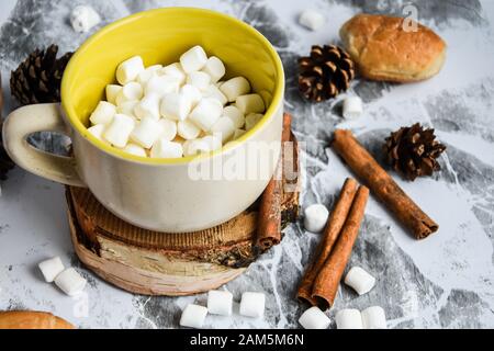 Una tazza di cioccolato caldo e cacao di Natale Capodanno delizioso con marshmallow cosparso di polvere di cacao, coni e croissant, cannella su un grigio Foto Stock