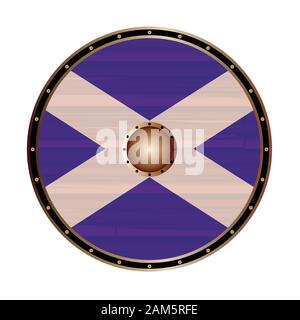 Un Viking stile scudo rotondo con la bandiera scozzese isolato su uno sfondo bianco Illustrazione Vettoriale
