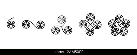 Collegato spirali lineari formare simboli antichi. Singola e doppia spirale, triskelion, tetraskelion pentaskelion e. Foto Stock