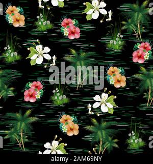 Tropical carino motivo floreale su sfondo nero. Le foglie e i fiori di stampa del tessuto. Figure tessili. - Illustrazione Foto Stock