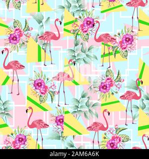 Animali tropicali pattern con fiori di colore rosa e forme geometriche. Flamingo sfondo senza giunture. - Illustrazione Foto Stock