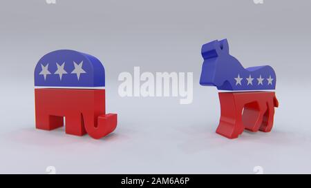 Simboli dei partiti politici statunitensi: Democratici e repubublani 3D rendering Foto Stock