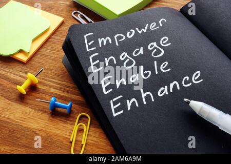 Empower impegnare abilita migliorare parole scritte nel blocco note. Foto Stock