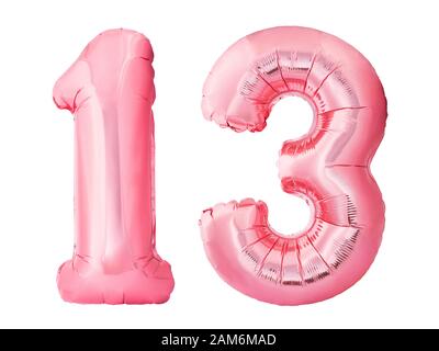 Numero 13 tredici di palloncini gonfiabili in oro rosa isolati su sfondo bianco Foto Stock