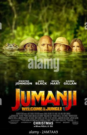 Jumanji: Welcome to the Jungle (2017) diretto da Jake Kasdan e con protagonista Dwayne Johnson, Jack Black, Kevin Hart e Karen Gillan. Quattro ragazzi sono aspirato in un vecchio video gioco dove hanno bisogno di vincere per sopravvivere. Foto Stock