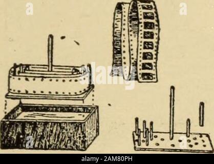 Quadri viventi; la loro storia, photoproduction e workingWith pratico di un digest di brevetti britannici e bibliografia commentata . Fig. 214.. il modulo è adatto per stand di sviluppo in un bagno di verticale.La più primitiva metodo è illustrato in Fig. 217, la filmmerely essendo passedfrom di mano in mano ina capiente vasca madeby Gaumont esso isneedless dire chei sviluppato nega-tivo può essere intensifiedor ridotto nel usualmanner. Il negativo, esposto e sviluppato, fissate ed essiccate, è naturalmente solo un mezzo toan fine; un positivo deve nowbe realizzato da esso in questo seriesof operazioni anche più careis richiedono Foto Stock