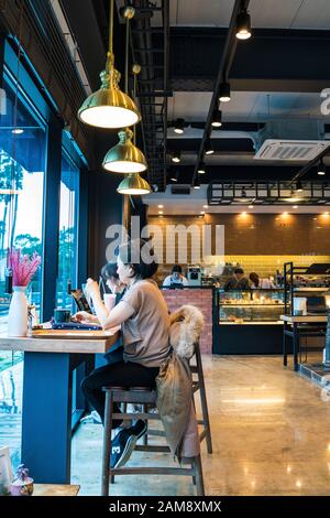 Jeju, Corea, 10th, Marzo 2019. I clienti hanno caffè nel bar. Interno di un negozio di caffè a Seogwipo, Jeju Island. Foto Stock