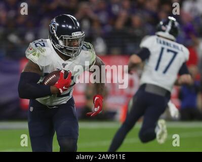 Tennessee Titans correndo indietro Derrick Henry (22) in azione durante il gioco divisionale AFC contro i Baltimore Ravens al M&T Bank Stadium di Baltimora, Maryland, l'11 gennaio 2020. Photo/ Mike Boucher/Cal Sport Media Foto Stock