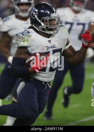 Tennessee Titans correndo indietro Derrick Henry (22) in azione durante il gioco divisionale AFC contro i Baltimore Ravens al M&T Bank Stadium di Baltimora, Maryland, l'11 gennaio 2020. Photo/ Mike Boucher/Cal Sport Media Foto Stock