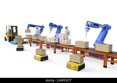 Automazione del concetto di fabbrica con la linea di assemblaggio del robot di rendering 3d e il nastro trasportatore Foto Stock