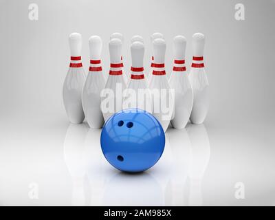 palla da bowling 3d rendering e perni su sfondo bianco Foto Stock