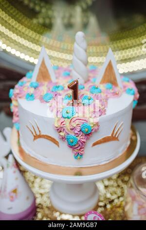 Torta di compleanno Unicorn per 1 anno Foto Stock