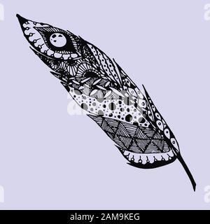 Disegnata a mano doodle zentangle feather isolato da sfondo. Illustrazione di nero con decorazioni differenti. Foto Stock