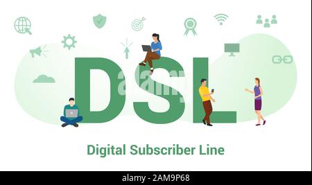 concetto di linea di abbonato digitale dsl con parola grande o testo e gente di squadra con stile piatto moderno - illustrazione vettoriale Foto Stock
