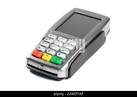 Terminale di pagamento moderno su sfondo bianco primo piano, isolato Foto Stock