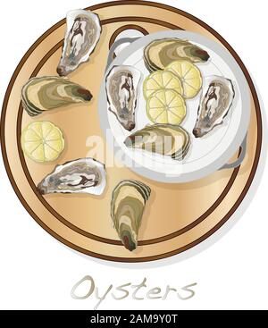 Immagini vettoriali di ostriche fresche aperte impostate su piastra/piatto isolato su sfondo bianco. Illustrazione Vettoriale