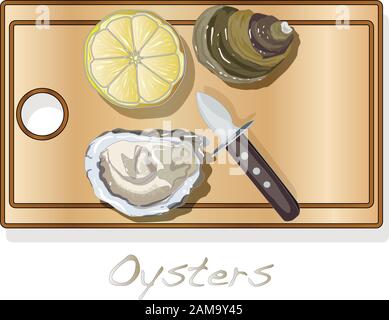 Immagini vettoriali di ostriche fresche aperte impostate su piastra/piatto isolato su sfondo bianco. Illustrazione Vettoriale