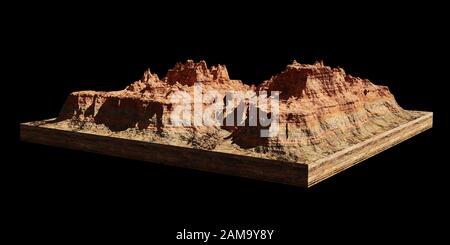 modello di una sezione trasversale di una montagna desertica, mesa isolato su sfondo nero Foto Stock