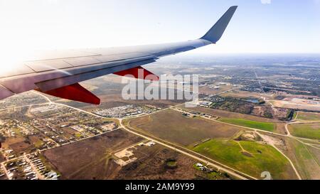 Veduta aerea delle zone rurali con campi agricoli, vicino ad Austin, Texas; Foto Stock