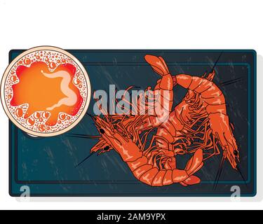 Bicchiere di birra con immagine vettoriale delle aragoste isolato su piastra. Sfondo bianco. Illustrazione Vettoriale