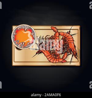 Bicchiere di birra con immagine vettoriale delle aragoste isolato su piastra. Sfondo nero. Illustrazione Vettoriale