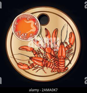Bicchiere di birra con immagine vettoriale delle aragoste isolato su piastra. Sfondo nero. Illustrazione Vettoriale