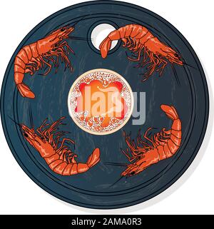 Bicchiere di birra con immagine vettoriale delle aragoste isolato su piastra. Sfondo bianco. Illustrazione Vettoriale